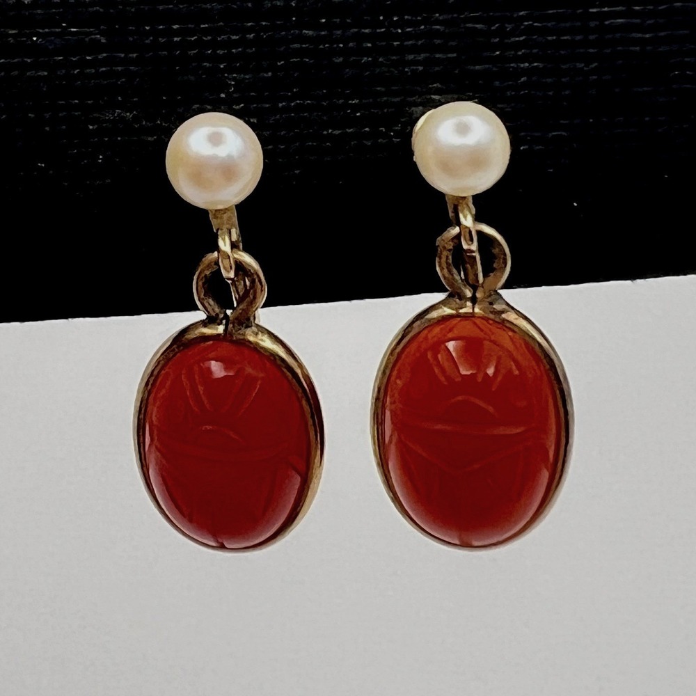 Van Dell Carnelian Faux Pearl Dangle Earrings Red Gold Vintage 12KGF Scarab